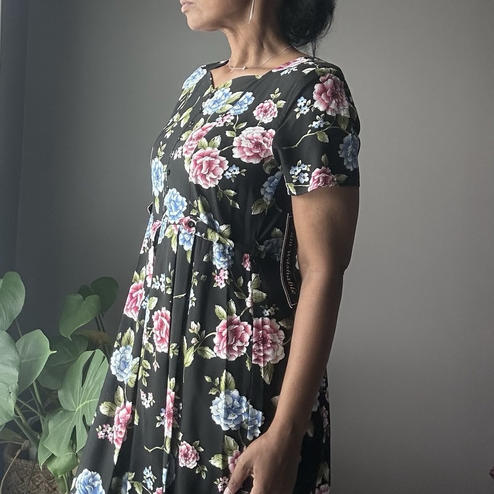 Vintage Erika Maxi Dress Women's Small Black Floral Print Tie Waist 90s Mom NWT - Picture 3 of 14